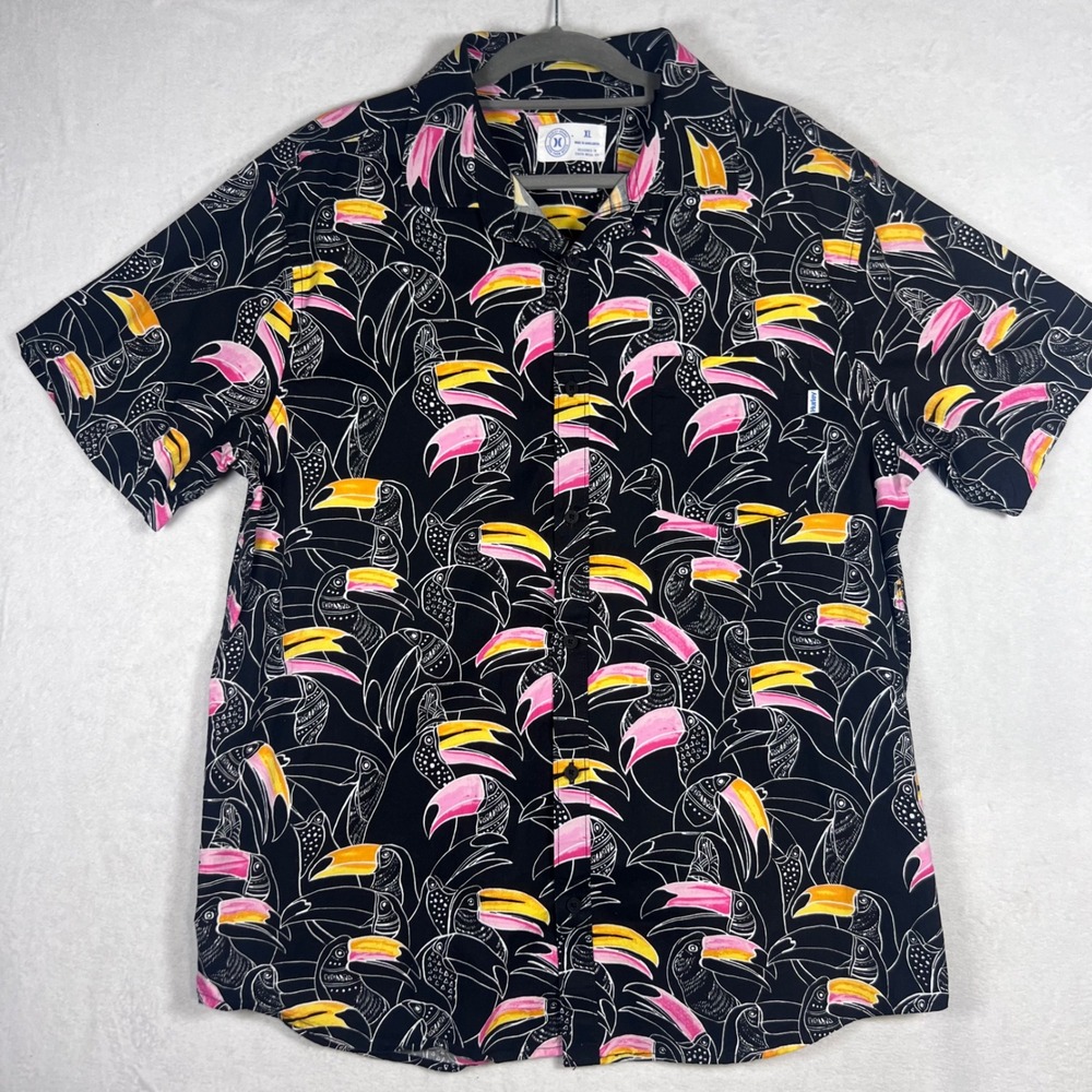 Hurley Mens XL Toucan Bird Print Short Sleeve Button Down Shirt Tropical Resort